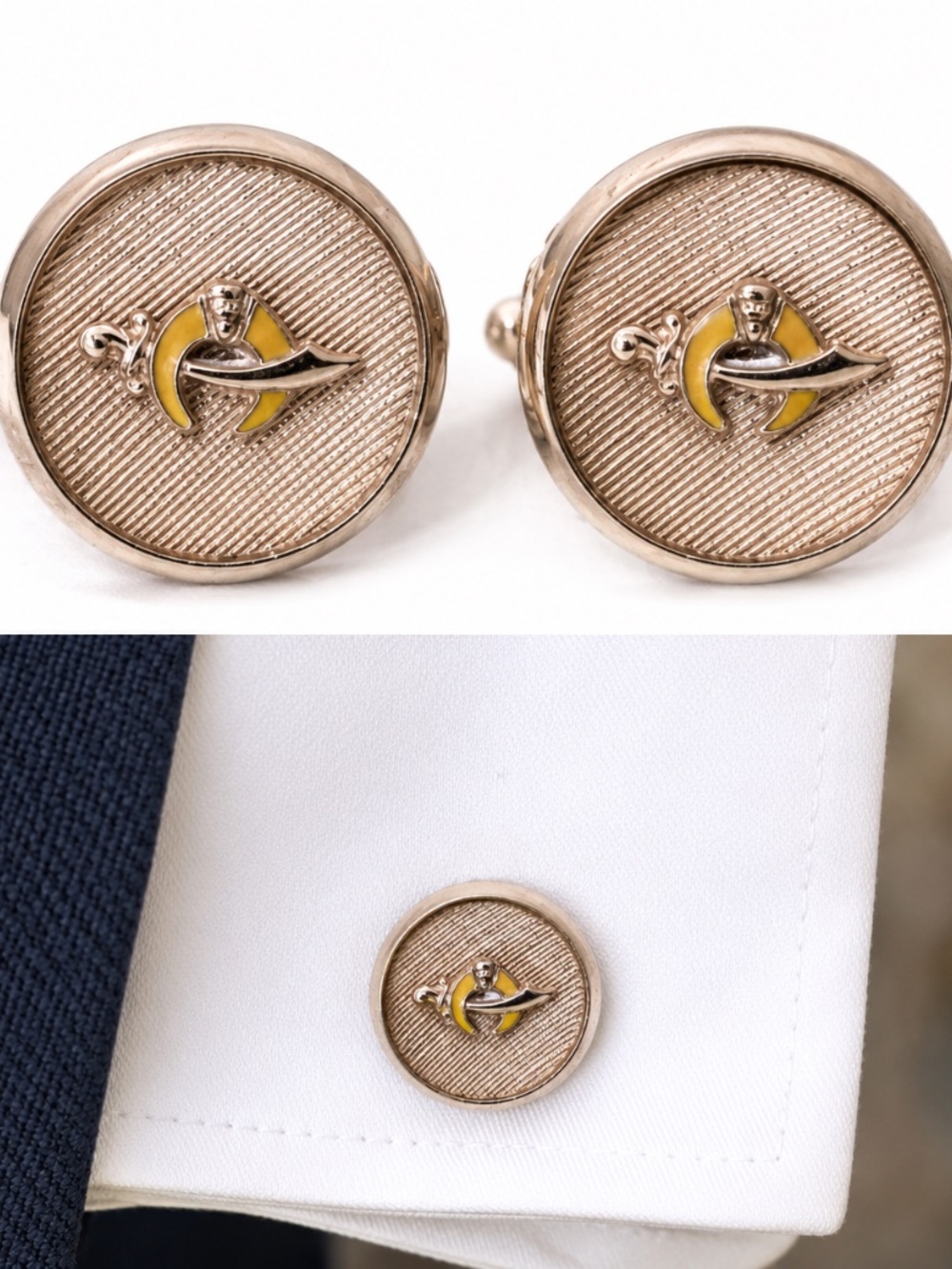 Vintage Anson Shriners Crescent & Scimitar Cufflinks – Gold Tone Engine Turned